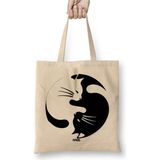 Toyaso Cats Kedi Ying Yang Japon Beyaz Bez Çanta Uzun Saplı Alışveriş Çantası Plaj Çantası - 34*40 cm - 001-Beyaz