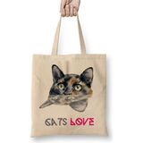Toyaso Cats Love Kedi Beyaz Bez Çanta Uzun Saplı Alışveriş Çantası Plaj Çantası - 34*40 cm - 001-Beyaz