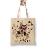 Toyaso Eğlenceli Kedi Cat Beyaz Bez Çanta Uzun Saplı Alışveriş Çantası Plaj Çantası - 34*40 cm - 001-Beyaz