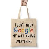 Toyaso Google'a Ihtiyacım Yok, Karım Herşeyi Biliyor, Eşinize Hediye Komik Espril Bez Çanta - 34x40 - 001 - Beyaz