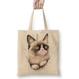Toyaso Grumpy Cat Kedi Beyaz Bez Çanta Uzun Saplı Alışveriş Çantası Plaj Çantası - 34*40 cm - 001-Beyaz