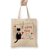 Toyaso Kedi Cat Love Sevgili Beyaz Bez Çanta Uzun Saplı Alışveriş Çantası Plaj Çantası - 34*40 cm - 001-Beyaz