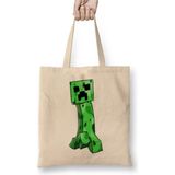 Toyaso Minecraft Creeper Beyaz Bez Çanta Uzun Saplı Alışveriş Çantası Plaj Çantası - 34x40 - 001 - Beyaz