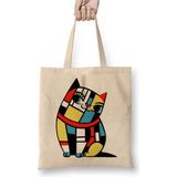 Toyaso Mondrian Cat Kedi Beyaz Bez Çanta Uzun Saplı Alışveriş Çantası Plaj Çantası - 34x40 - 001 - Beyaz