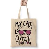 Toyaso My Cat Is Cuter Than You Kedi Beyaz Bez Çanta Uzun Saplı Alışveriş Çantası Plaj Çantası - 34*40 cm - 001-Beyaz