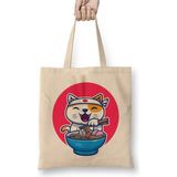 Toyaso Noodle Yiyen Japon Kedi Cat Beyaz Bez Çanta Uzun Saplı Alışveriş Çantası Plaj Çantası - 34*40 cm - 001-Beyaz