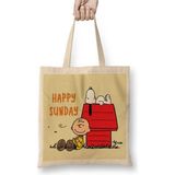 Toyaso Perfect Day Happy Sunday Snoopy Beyaz Bez Çanta Uzun Saplı Alışveriş Çantası Plaj Çantası - 34x40 - 001 - Beyaz