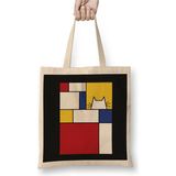 Toyaso Piet Mondrian Inspired Cat Kedi Beyaz Bez Çanta Uzun Saplı Alışveriş Çantası Plaj Çantası - 34*40 cm - 001-Beyaz