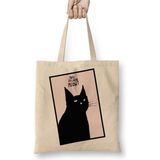 Toyaso Siyah Kedi Black Cat Beyaz Bez Çanta Uzun Saplı Alışveriş Çantası Plaj Çantası - 34*40 cm - 001-Beyaz