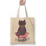 Toyaso Smile Cat Gülen Kedi Kittens Beyaz Bez Çanta Uzun Saplı Alışveriş Çantası Plaj Çantası - 34*40 cm - 001-Beyaz