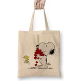Toyaso Snoopy And Woodstock Hugging Love Aşk Beyaz Bez Çanta Uzun Saplı Alışveriş Çantası Plaj Çantası - 34*40 cm - 001-Beyaz