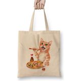 Toyaso Sushi Cat Kedi Sevimli Beyaz Bez Çanta Uzun Saplı Alışveriş Çantası Plaj Çantası - 34*40 cm - 001-Beyaz