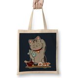 Toyaso Sushi Cat Lucky Kedi Beyaz Bez Çanta Uzun Saplı Alışveriş Çantası Plaj Çantası - 34*40 cm - 001-Beyaz