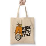 Toyaso Vespa Lover Green Scooter Beyaz Bez Çanta Uzun Saplı Alışveriş Çantası Plaj Çantası - 34x40 - 001 - Beyaz