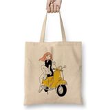 Toyaso Vespa Ready To Ride Beyaz Bez Çanta Uzun Saplı Alışveriş Çantası Plaj Çantası - 34x40 - 001 - Beyaz