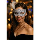 Toyfest Beyaz Tüllü Siyah Puantiyeli İnci Detaylı Tüylü Parti Maskesi Şık Kadın Masquerade Aksesuar