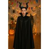 Toyfest Cadılar Bayramı Malefis Maleficent Boynuzlu Taç 120 Cm Yakalı Pelerin Halloween Kostüm Seti