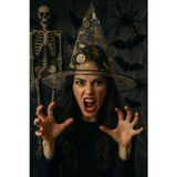 TOYFEST Cadılar Bayramı Şeffaf Tül Cadı Şapkası Altın Renkli Balkabağı Desenli Halloween Kostüm Aksesuarı