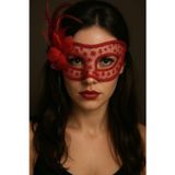 Toyfest Dantel Temalı Tüllü Kuş Tüylü Çiçekli Maske Kırmızı Göz Maskesi Şık Parti Kostüm Aksesuarı