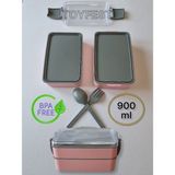 Toyfest Dikdörtgen 2 Katlı Kaşık ve Çatallı Lunch Box Beslenme Çantası - Pembe & Gri Renk - 183X103X86 mm - Renkli