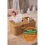 Toyfest Doğal Görünümlü Plastik Rattan Peçetelik Organizer Kutu Bölmeli Kapaklı Masaüstü Dekor - 25X12.5X10 - Renkli
