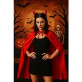 TOYFEST Kırmızı Şeytan Pelerini 120 cm ve Boynuzlu Taç – Halloween Kostüm Seti