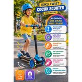 Toyfest Mavi 3 Tekerlekli Işıklı Çocuk Scooter 3-7 Yaş Ayarlanabilir Direksiyon Kaymaz Taban