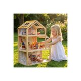 Toysilla Ahşap Oyun Evi 3 Katlı Eşyalı ve 3 adet insan figürlü Montessori Çocuk Bebek Evi