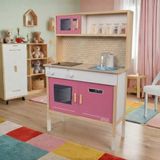 Toysilla Su Akan Musluklu ve LED Işıklı Ahşap Çocuk Oyuncak Mutfak Seti - Pembe Büyük Boy Montessori Eğitici Mutfak