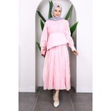 Toz Pembe Kuşak Detaylı Kraş Elbise - 42 - 44