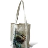 Toz Vintage Kanvas Kedi Desenli Çift Taraf Desenli Bez Omuz Çantası - 35 x 35 - Krem