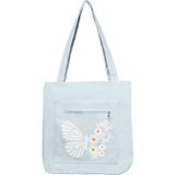 Toz Vintage Kelebek ve Papatya Desenli Fermuarlı Bez Kol Omuz Çantası - 35 x 35 - Mavi