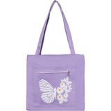 Toz Vintage Kelebek ve Papatya Desenli Fermuarlı Bez Kol Omuz Çantası - 35 x 35 - Mor