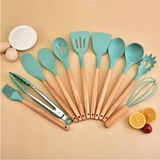 Tr 12 Parça Bambu Saplı Silikon Kepçe Spatula Mutfak Seti, Gümüş - 1 Adet