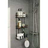 Tr 3 Katlı Siyah Yapışkanlı Banyo Rafı, 2 Kancalı Şampuanlık Düzenleyici, Metal Banyo Askısı