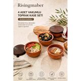 Tr 4 Adet Vakum Kapaklı Toprak Kase Seti, Silikon Kapaklı Kahvaltılık Saklama Kasesi Güveç Sütlaç Ve Sufle Kabı Mg02