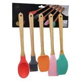 Tr 5 Parça Ahşap Saplı Büyük Renkli Silikon Mutfak Set Fırça- Kaşık - Servis K. - Spatula - Karıştırıcı - 0 - 19 L