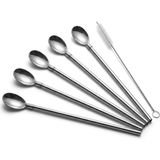 Tr 5 Parça Karıştırıcı Kaşıklı Paslanmaz Çelik Pipet Seti, 4 Adet Kaşıklı Metal Pipet ve Temizleme Fırçası, Soğuk Kahve, Smoothie, Milkshake, Limonata, Kokteyl ve Içecek Sunumu Için