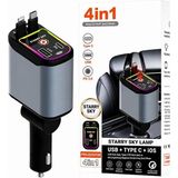 Tr 66W Pro Cw1 LED Tavan Aydınlatmalı 4'ü 1 Arada Geri Çekilebilir Çift Kablolu 3.4A Süper Hızlı Araç Şarj Cihazı, Type-C Ios ve 2 USB Bağlantı Noktalı Çakmaklık Şarj Aleti - 20W GaN White