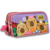 Tr Iki Bölmeli Çiçek ve Capybara Baskılı Mor - Pembe Kız Çocuk Kalem Çantası - 6205