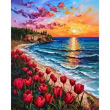 Tr Sayılarla Boyama Numaralı Tuval Seti Fırça Boya Dahil 40X50CM - Kırmızı Laleler ve Günbat - Çok Renkli - Genel
