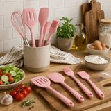 Tr Silikon Spatula Seti 5'li - Çırpıcılı, Yapışmaz Tava Uyumlu, Isıya Dayanıklı Mutfak Seti (Pembe)