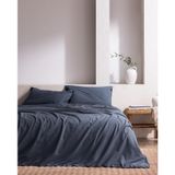 Tracey King Size%100 Pamuk Pileli Linen Look Yıkamalı Çarşaflı Nevresim Takımı - İndigo