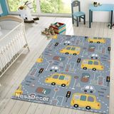 Trafik Araba Baskılı Makinede Yıkanabilir Halı Çocuk Odası Halısı Oyun Halısı Sarı (100 x 150 cm)