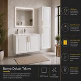 Trakya Banyo Banyo Dolabı Seti 80'lık Membran Alt Dolap Membran Boy Dolap Seramik Lavabo LED Aydınlatmalı Ayna - Beyaz