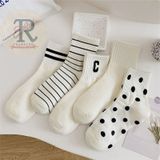Trampler Sade Çizgili Benekli Unisex Çorap Soket 5 Çift Beyaz Siyah Beyaz