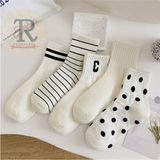 Trampler Unisex 5 Çift Sade Çizgili Benekli Çorap Soket Beyaz Siyah Çorap - Beyaz - Siyah - 36 - 44