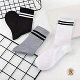 Trampler Unisex 6 Çift Çemberli Gri Siyah Beyaz Uzun Kolej Tenis Çorap - Gri - Siyah - Beyaz - 36 - 40