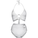 Transacoustic Beyaz Halka Aksesuarlı Yüksek Bel Çift Kat Özel Koleksiyon Tulumlu Şık Bikini Takım - XL