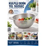 Transformacion Kulplu Derin Tel Mutfak Süzgeci 16X8 cm - Mikro Gözenekli Pirinç Makarna Sebze Yıkama Süzgeci Evye Içi Düz Tabanlı Çelik Kevgir 18/10 Sus 304 Paslanmaz Çelik 723763